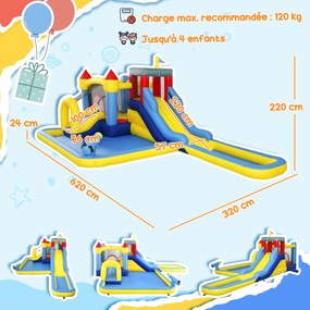 Castelo insuflável com soprador 620C x 320L x 220A cm, parque aquático, escorregas, trampolim, parede de escalada, canhão e cesto de basquetebol multi