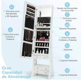 Armarios com espelho Caixa de jóias com luzes LED Ângulo de inclinação ajustável Grande capacidade de armazenamento 41 x 36 x 159 cm Branco