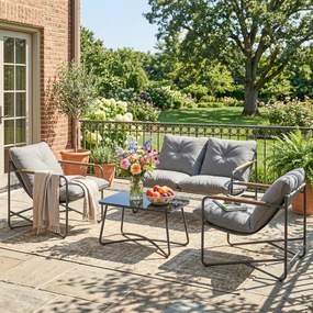 Conjunto de jardim de 4 peças com sofá de 2 lugares, 2 poltronas e mesa de centro em vidro temperado; almofadas de 13 cm em cinzento claro