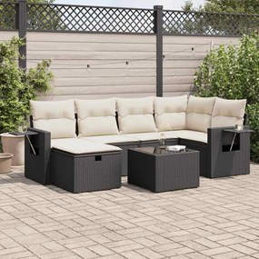 7 pcs conjunto de sofás p/ jardim c/ almofadões vime PE preto