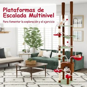 Arranhador para gatos do chão ao teto Altura ajustável com tema de cogumelo com caverna e rede Cesto suspenso giratório Castanho