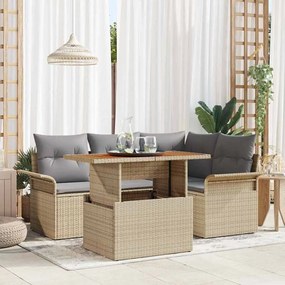 Conjunto de Sofá para Jardim vidaXL 5 Peças com Almofadas Bege Rattan Poli