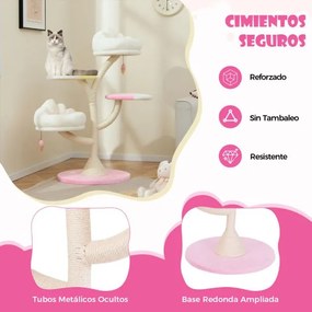 Arranhador para gatos com 2 poleiros 2 plataformas Bolas suspensas Centro de actividades Rosa