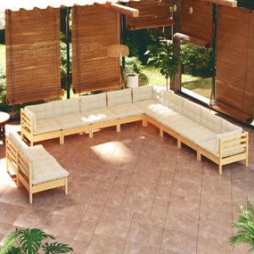 vidaXL 11 pcs conjunto lounge jardim c/ almofadões creme pinho maciço