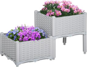 Conjunto de 2 Floreiras Quadradas Floreiras para Flores e Vegetais com Orifícios de Drenagem e Pés Altos 40x40x26-44 cm Cinza
