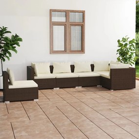 6 pcs conjunto lounge jardim c/ almofadões vime PE castanho