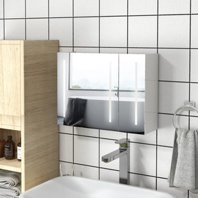 Armário Casa de Banho com Espelho e Luz LED com 3 Portas Prateleiras Ajustáveis e Interruptor Tátil 90x15x70 cm Branco Brilhante