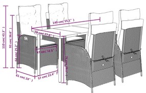 5 pcs conjunto de jantar p/ jardim c/ almofadões vime PE preto