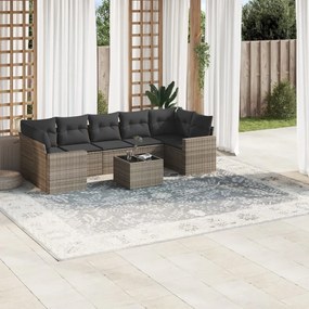 8 pcs conjunto sofás de jardim c/ almofadões vime PE cinzento