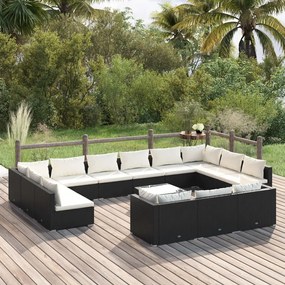 vidaXL 14 pcs conjunto lounge de jardim c/ almofadões vime PE preto