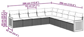 9 pcs conjunto de sofás p/ jardim c/ almofadões vime PE preto