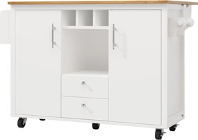 Ilha de cozinha com mesa abatível, amplo espaço de arrumação, suporte para garrafas, suporte para toalhas e especiarias, 137,9x45/73x92,2 cm, Branco