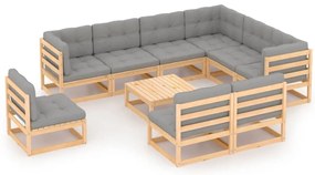 10 pcs conjunto lounge de jardim c/ almofadões pinho maciço