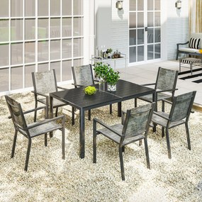 Mesa de jardim para exterior com 6 cadeiras empilháveis, tampo com ripas de 150 cm, estrutura em aço inoxidável, preta