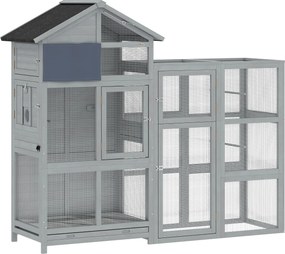 PawHut Volière em madeira com 6 poleiros compartimento gaveta extraível taças em aço inox 196x60x164,5cm Cinzento | Aosom Portugal