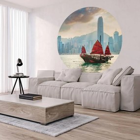 WallArt Papel de parede circular "Skyline with Junk Boat" 142,5 cm