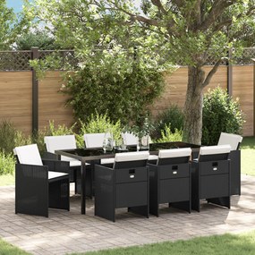 vidaXL Conjunto de Jantar de 9 Peças com Almofadas Preto Rattan Poliéster