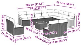 13 pcs conjunto de sofás de jardim com almofadões vime PE preto