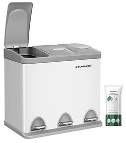 Caixote de lixo c/ pedal, 3 x 8 L, 3 compartimentos p/ reciclagem, inclui 15 sacos, aço branco/cinzento
