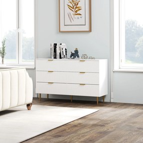 Cómoda de 6 gavetas 120 x 40 x 76,5 cm, para quarto, móvel de arrumação moderno com puxadores e pés dourados, branca