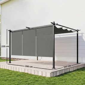 Pérgola com Teto Retrátil de 390x293x220 cm Pérgola de Parede ou Independente com Lados Enroláveis Proteção UV30+ Cinzento