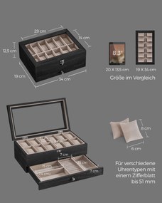 Caixa para relógios 19 x 34 x 12,5 cm com 12 compartimentos em madeira maciça com tampa de vidro preto 