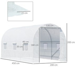 Estufa tipo Túnel 450x200x200 cm com Porta Enrolável e 4 Janelas Cobertura de PE 140 g/m² Anti-UV Branco