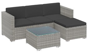 Conjunto móveis Jardim em polyrattan PE com almofadas e mesa de vidro cinzento