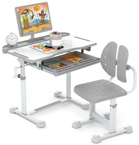 Conjunto de secretária e cadeira para crianças com altura ajustável, tampo inclinável, porta-copos, gaveta e cadeira ergonómica Cinza