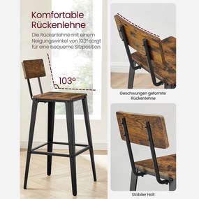 Conjunto de 2 bancos de bar com encosto 45,4 x 45,4 x 102,2 cm Castanho Rustico e Preto