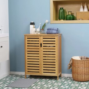 Móvel de casa de banho em bambu, armário de casa de banho com pés e porta dupla com ripas, 68 x 32 x 86 cm, natural FR