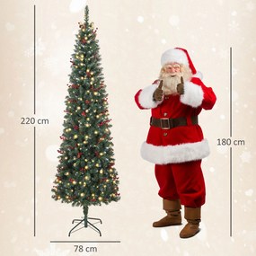Árvore de Natal Slim 230 cm com Luzes LED 8 Modos de Iluminação 761 Ramos com Purpurina Prateada Pinhas e Bagas Verde