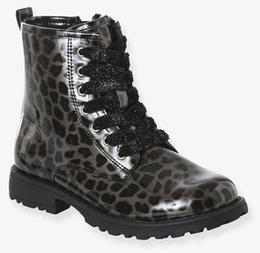 Botas envernizadas, com atacadores e fecho, para menina preto estampado