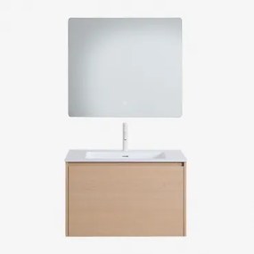 Conjunto De Móveis De Banheiro Em Madeira Jacob Com Pia Integrada Madeira Natural & Led Retangular E Anti-embaciamento 80x70 Cm - Sklum