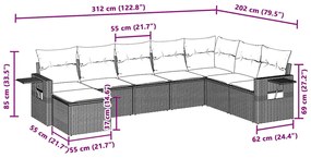 8 pcs conj. sofás jardim c/ almofadões vime PE cinzento-claro