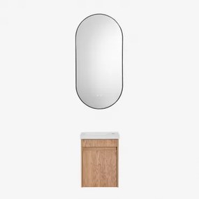 Conjunto De Móvel De Casa De Banho Suspenso Em Madeira Com Lavatório Integrado Narek Sem Torneira & Castanho Fresno & Ovale Led E Antifog Preto 50x100