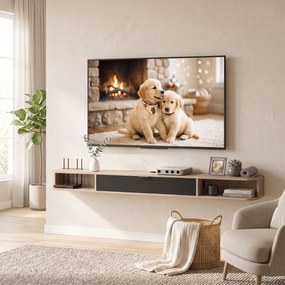 Móvel de TV suspenso 180 x 24 x 16 cm, móvel para televisores até 75 polegadas, gaveta rebatível, 2 prateleiras, cor madeira natural e preto