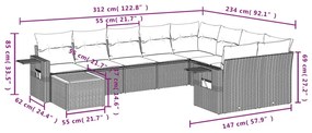 10 pcs conjunto sofás de jardim c/ almofadões vime PE preto