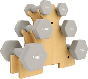 SPORTNOW Conjunto de Halteres 3 Pares 1kg 3kg 5kg com Suporte de Madeira, Pega Antiderrapante, Hexagonal em Ferro Fundido Cinza Claro | Aosom Portugal