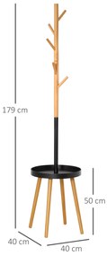 HOMCOM Cabide de Pé com Mesinha Auxiliar Redonda e 5 Ganchos com Altura Ajustável para Casacos Chapéus Bolsos Entrada 40x40x179cm Madeira Natural Preto