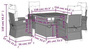 5 pcs conjunto de jantar p/ jardim c/ almofadões vime PE preto