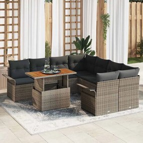 vidaXL Conjunto de Sofá de Jardim 9 Peças com Almofadas Cinza em Rattan Poliéster e Acácia