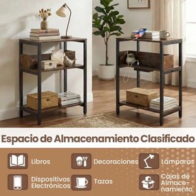 Conjunto de 2 mesas apoio, mesas cabeçeira 40 x 30 x 61 cm com estação de carregamento USB e tomadas cor café