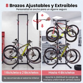 Suporte de Chão para 4 Bicicletas, 77 x 74 x 217 cm, Braços Ajustáveis, Preto