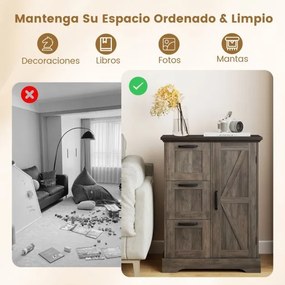 Aparador estilo de fazenda 60 x 30 x 80 cm com porta de celeiro e 3 gavetas de armazenamento Café
