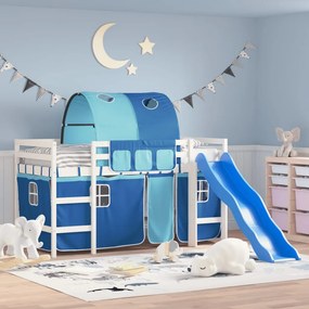 vidaXL Cama alta para criança com túnel 90x190 cm pinho maciço azul