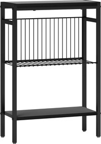 Mesa Auxiliar Estreita de 3 Níveis Mesinha Auxiliar Industrial com Prateleiras Abertas e Estrutura de Aço  43x18x62,5 cm Preto
