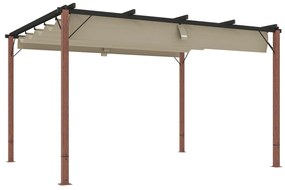 Outsunny Pérgola com Teto Retráti Pérgola de Aluminio 382x300x232 cm com Toldo de Poliéster Anti-UV Pérgola de Jardim Bege e Madeira
