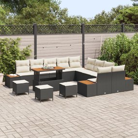 Conjunto de Sofás para Jardim de 14 Peças com Almofadas Rattan Preto