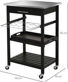 Carrinho de cozinha com prateleira para garrafas, 60L x 40P x 85A cm, tabuleiro em aço inoxidável. Preto